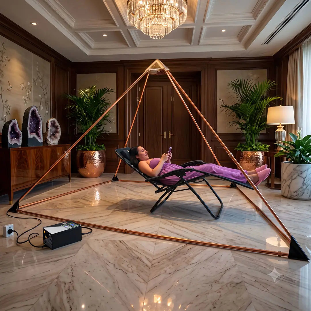 Copper Pyramid with Quantum Vortex PEMF | NEXUS CORE 3-System | 624m Rodin Coil | Rife Frequencies 1Hz–150kHz | Strobe Light Therapy | Frequency Lab AI Included | Giza 51° Sacred Geometry | Selenite | Collapsible | Handmade — Metayantra