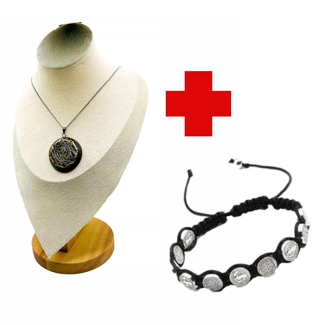 Energy Protection and Abundance Kit: Orgonite Energy Necklace and Zinc Bracelet with St. Benedict Medal